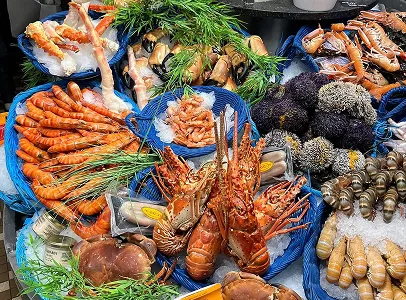 Étalage coloré et abondant de fruits de mer frais sur de la glace à Saint-Germain-en-Laye dans les Yvelines 78
